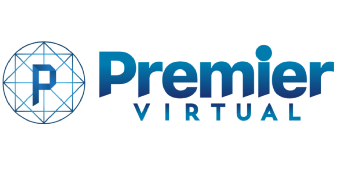 A blue and white logo for premier virtual