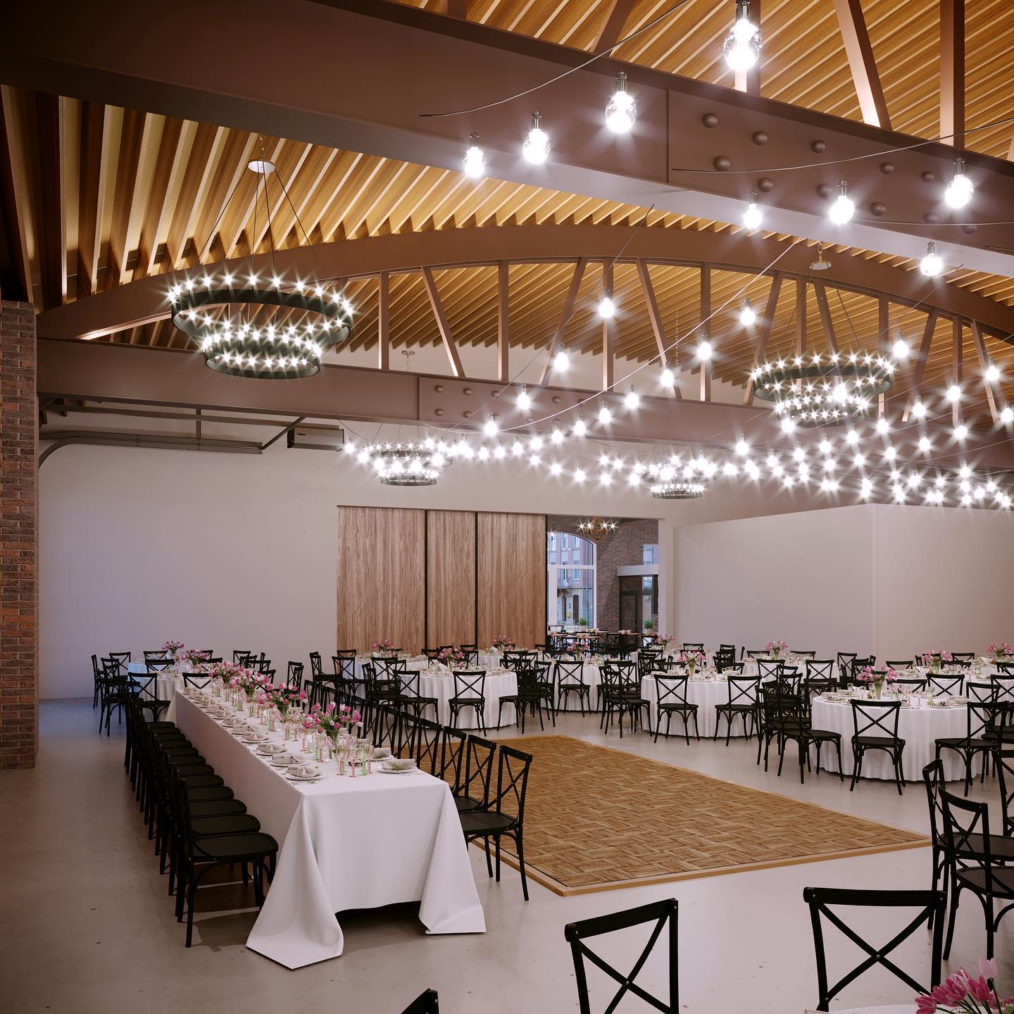 A large room with tables and chairs in it