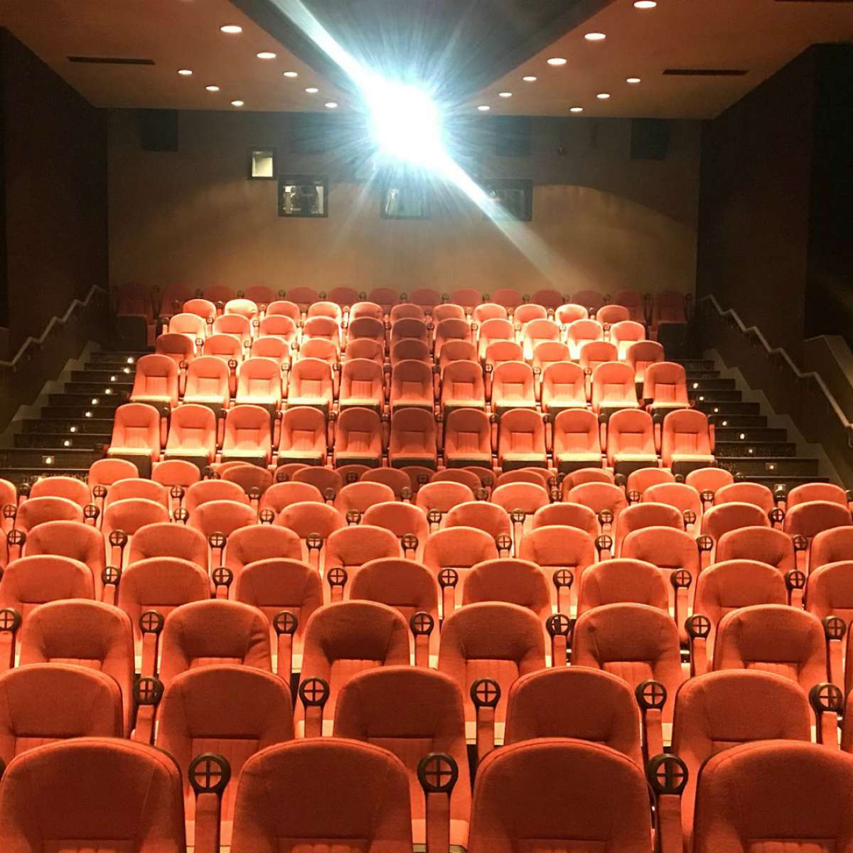Rows of orange chairs in an auditorium with a light shining through the ceiling