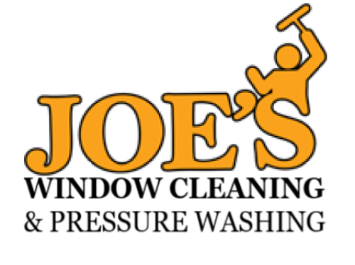 Logo for Joe's Window Cleaning & Pressure Washing. Orange text and figure of person cleaning window, white background.