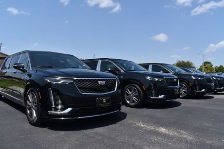 A row of black cars are parked in a parking lot.