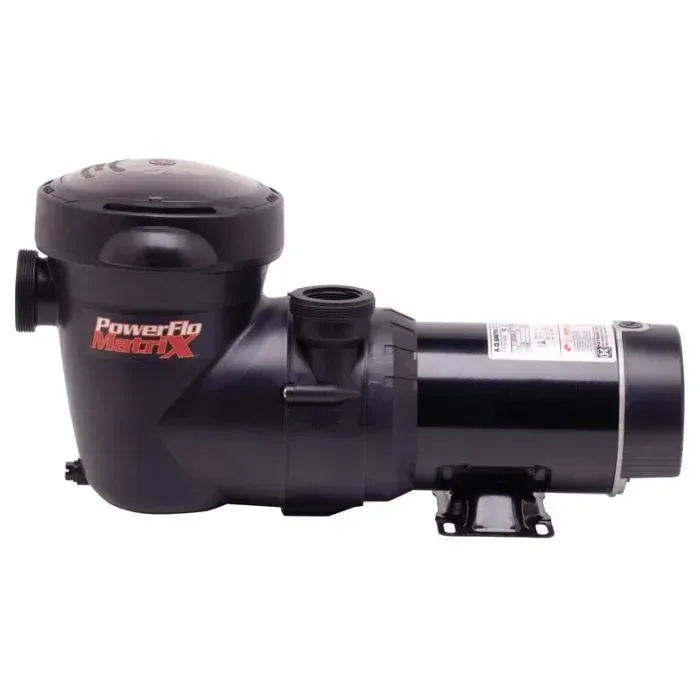 A black powerflo swimming pool pump on a white background