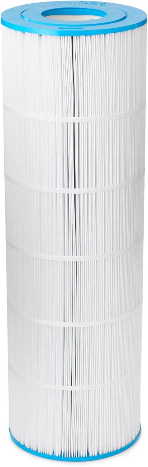 A white filter with a blue cap is sitting on a white surface.