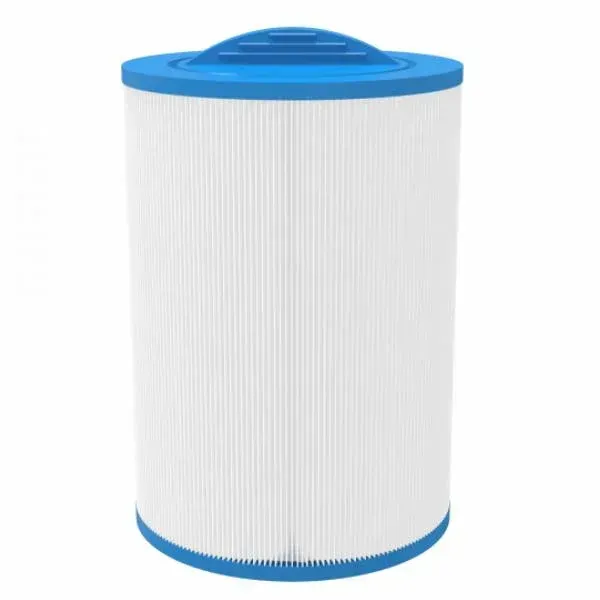 A white filter with a blue lid is sitting on a white surface.