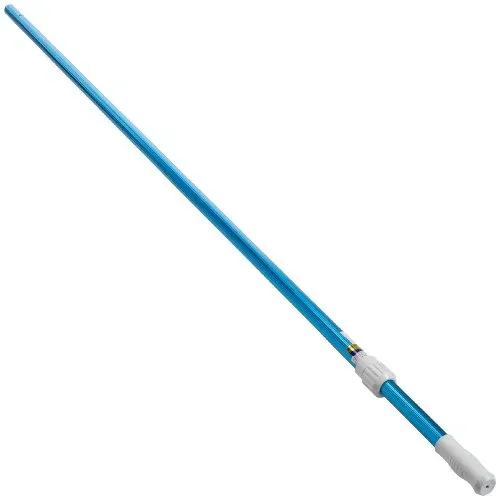 A blue pole with a white handle on a white background.