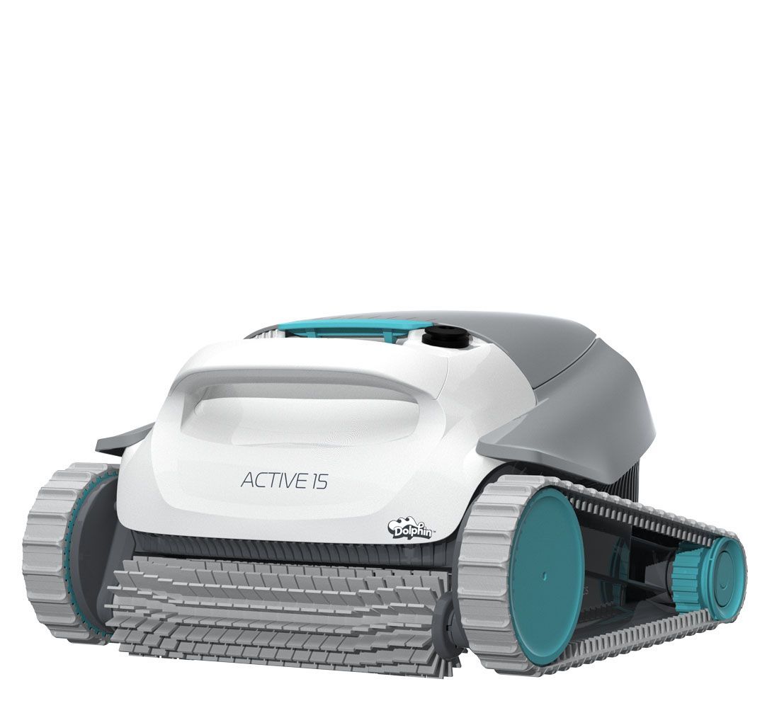 A white and gray robotic pool cleaner with blue wheels on a white background.