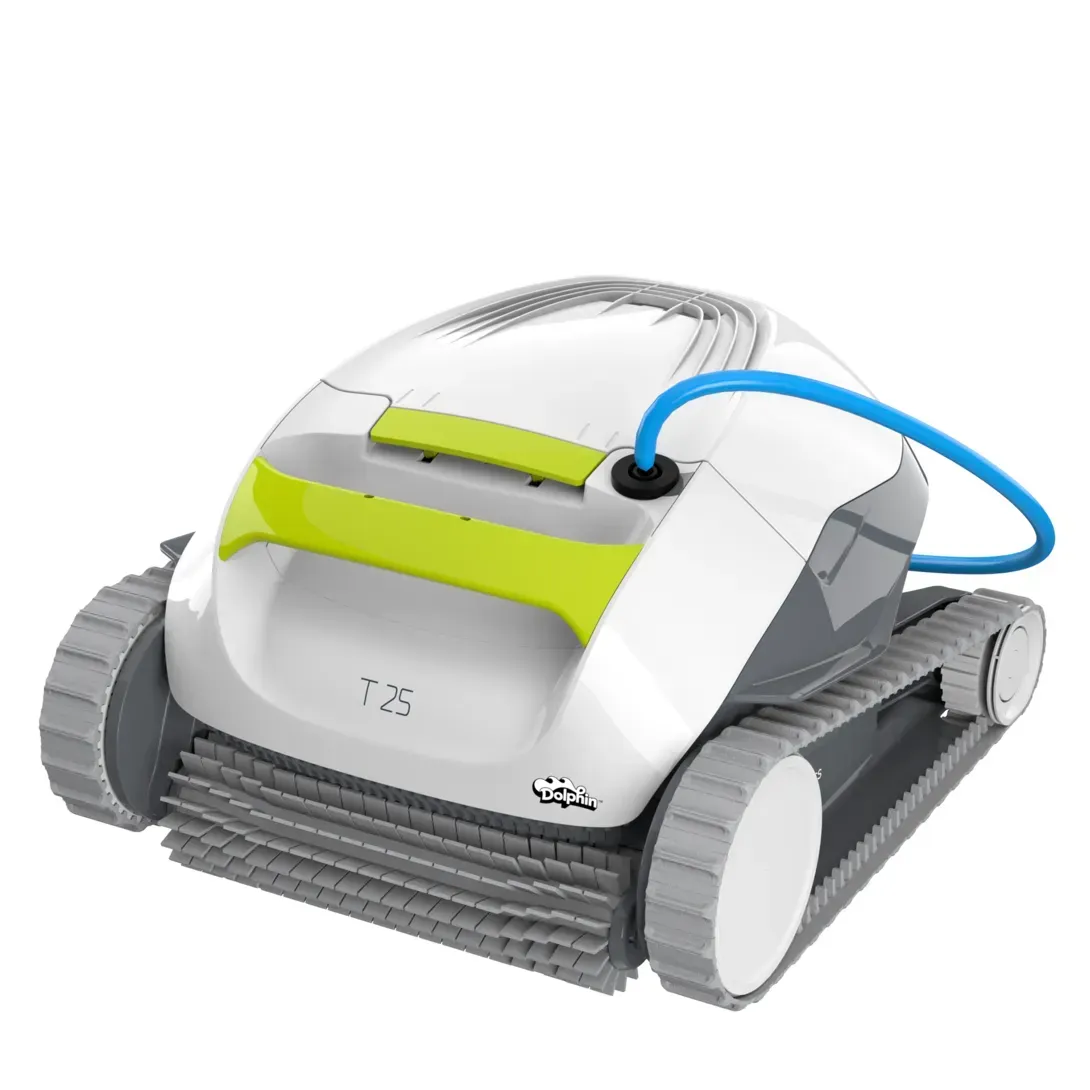 A white and green robotic pool cleaner with a blue hose attached to it.