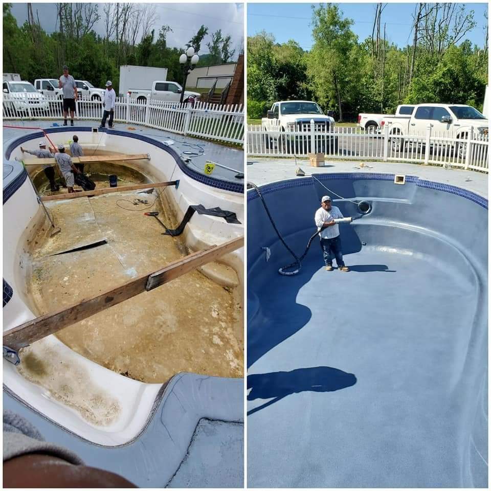 A before and after photo of a swimming pool being painted
