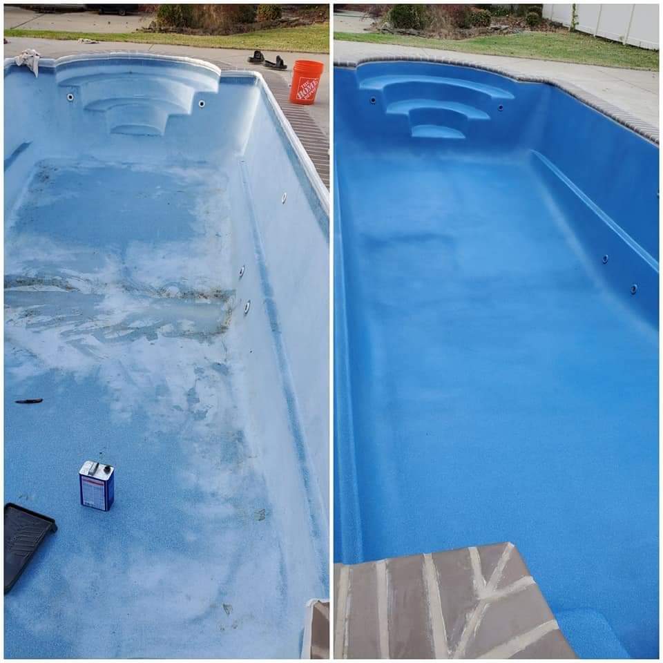 A before and after photo of a swimming pool being painted blue.