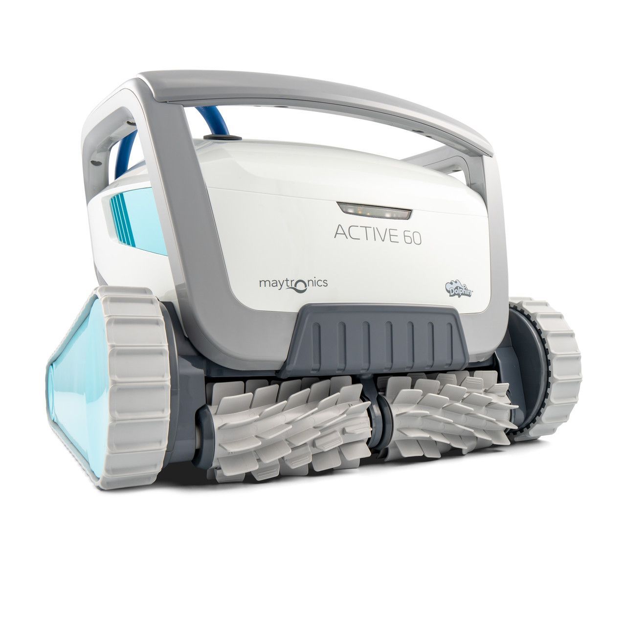 A white and gray robotic pool cleaner is sitting on a white surface.