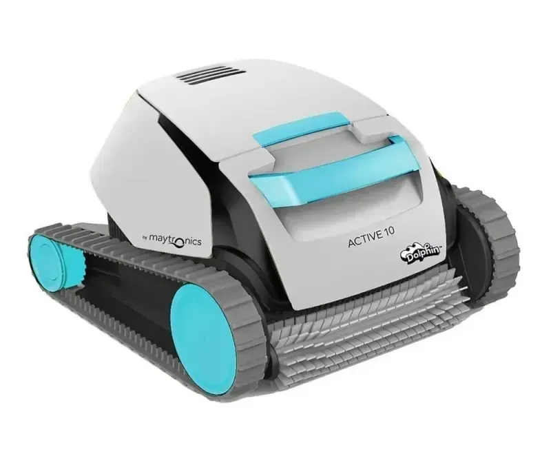 A white and blue robot is sitting on a white surface.