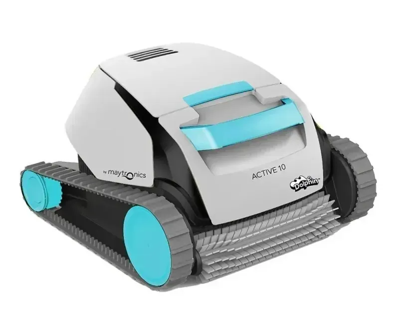A white and blue robotic pool cleaner is sitting on a white surface.