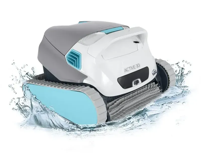 A white and gray robotic pool cleaner is splashing water.