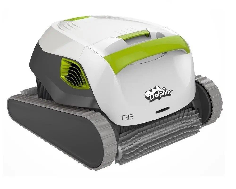 A dolphin t35 robotic pool cleaner is shown on a white background.
