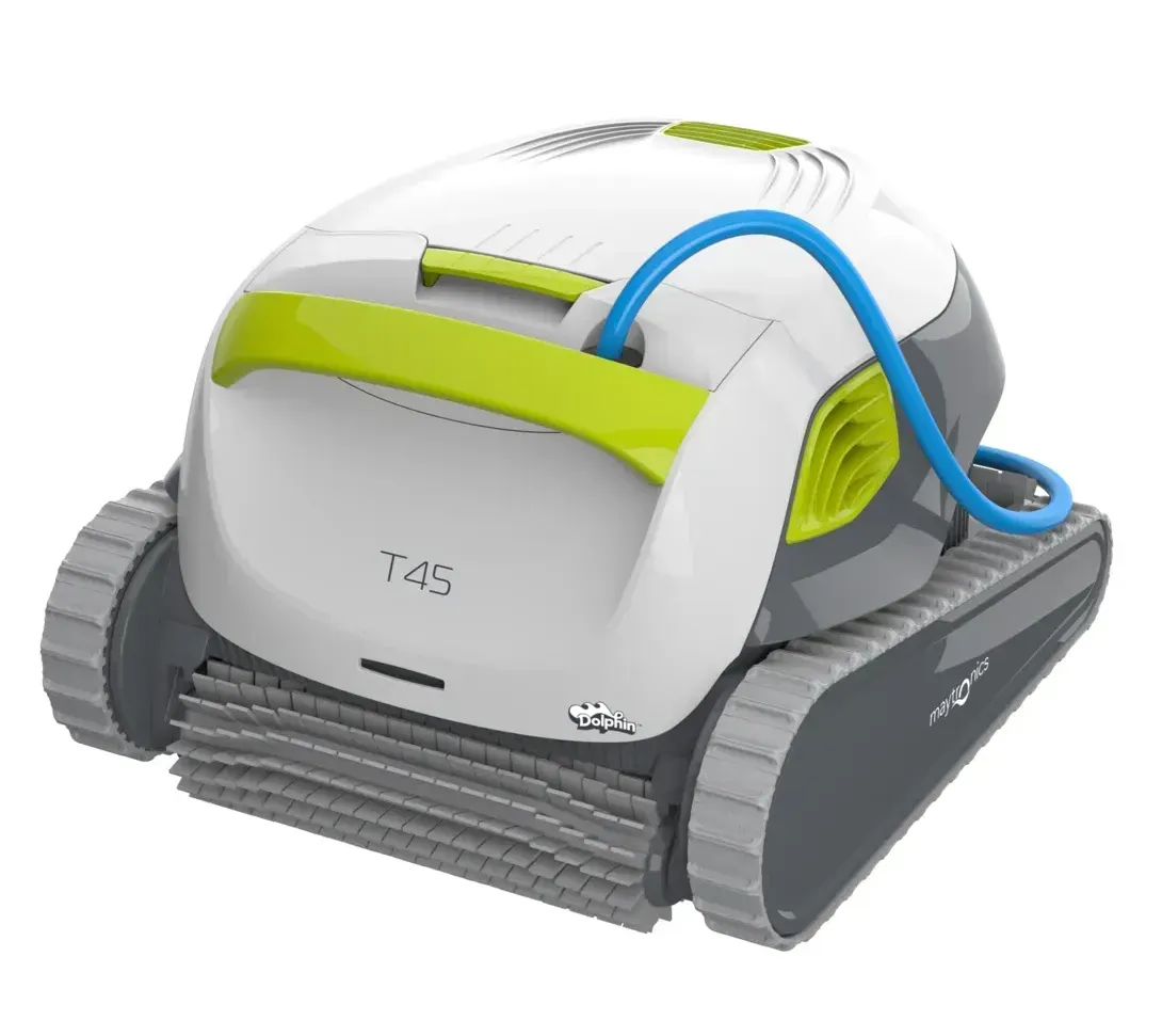 Robotic pool cleaner, white and gray with green accents, blue hose, tank treads, brushes.