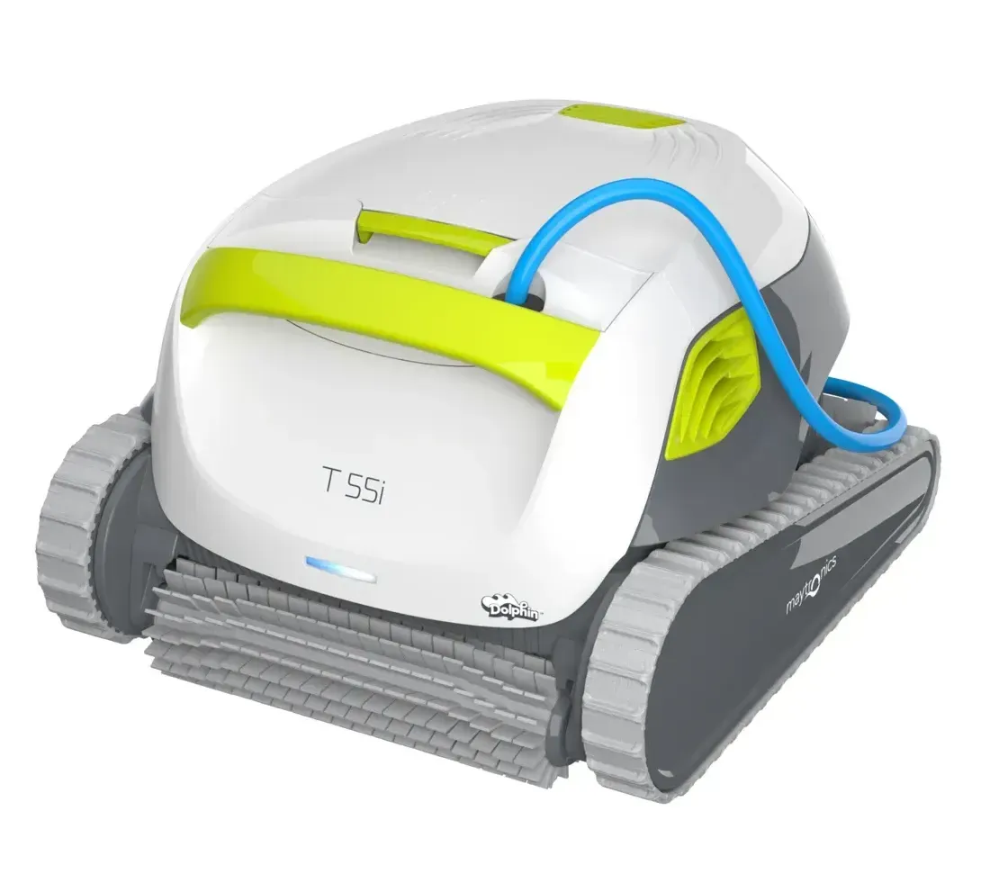 A white and green robotic pool cleaner with a blue hose attached to it