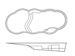 A black and white drawing of a swimming pool on a white background.