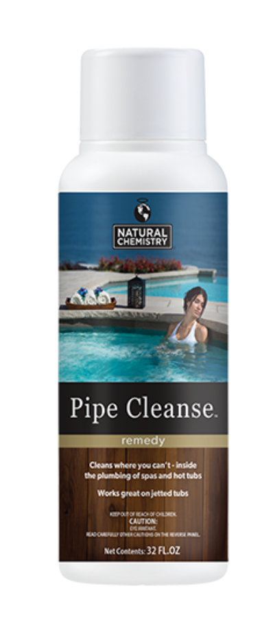 A bottle of pipe cleanse with a woman in a pool on the label