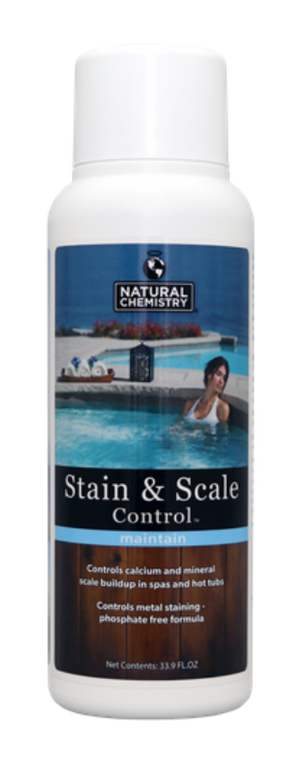 A bottle of stain and scale control with a woman in a pool on the label