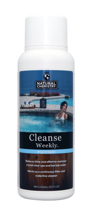 A bottle of cleanse weekly with a woman in a hot tub on the label