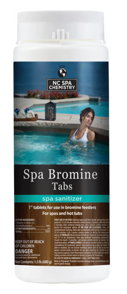 A bottle of spa bromine tabs with a woman in a pool on the label.