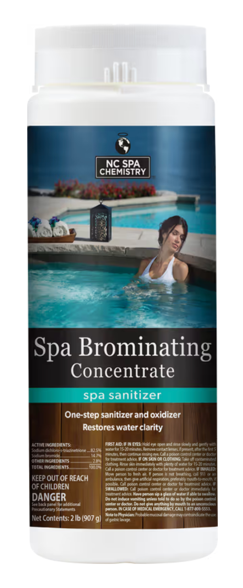 A bottle of spa brominating concentrate with a woman in a pool on the label.