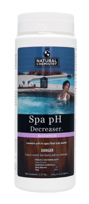 A bottle of natural chemistry spa ph decreaser balance