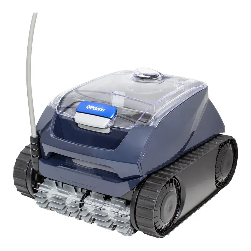 A blue robotic swimming pool cleaner is sitting on a white surface.