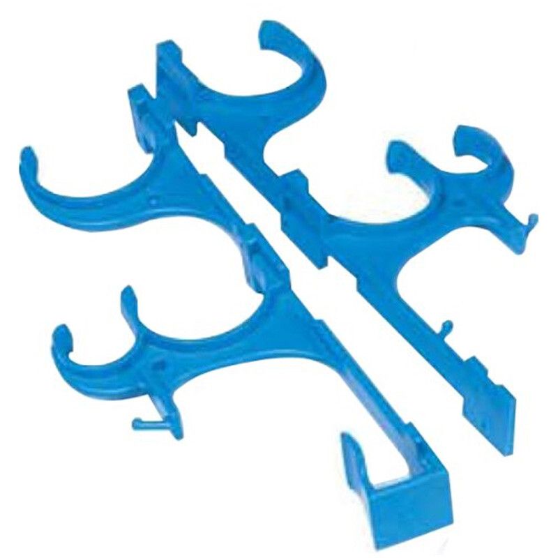 A pair of blue plastic hooks on a white background