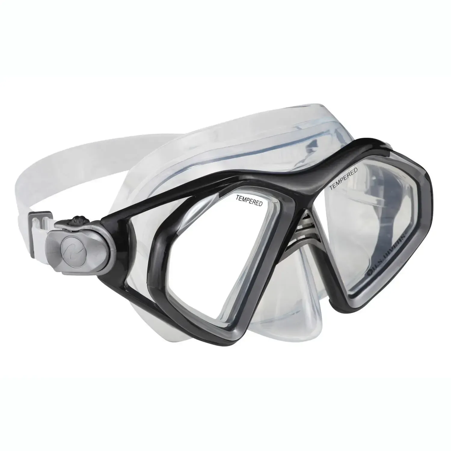 A black and clear scuba diving mask on a white background
