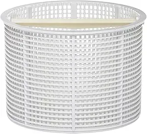 A white plastic basket with holes in it is sitting on top of a white table.
