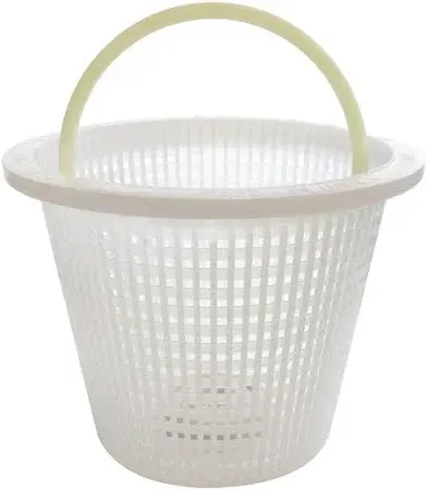 A white plastic basket with a yellow handle on a white background.