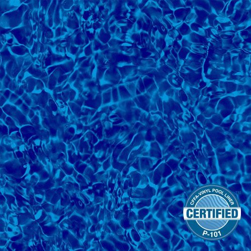 A close up of a pool with a certified logo on it.