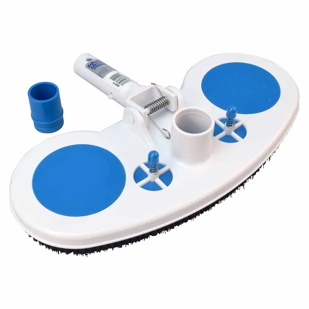 A white and blue pool vacuum with a blue hose attached to it