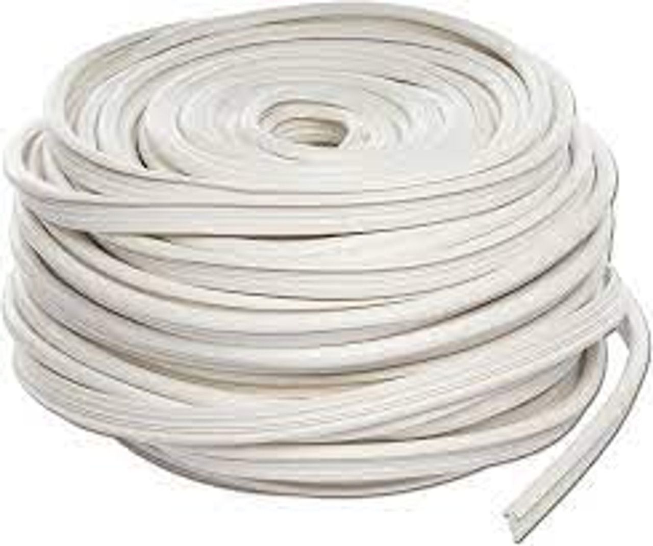A close up of a spool of white cord on a white background.