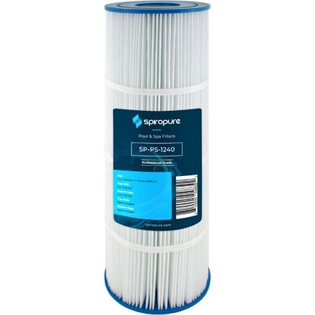 A white filter cartridge with a blue label on it.