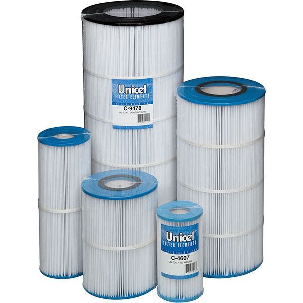 A group of uniquel filter cartridges are stacked on top of each other