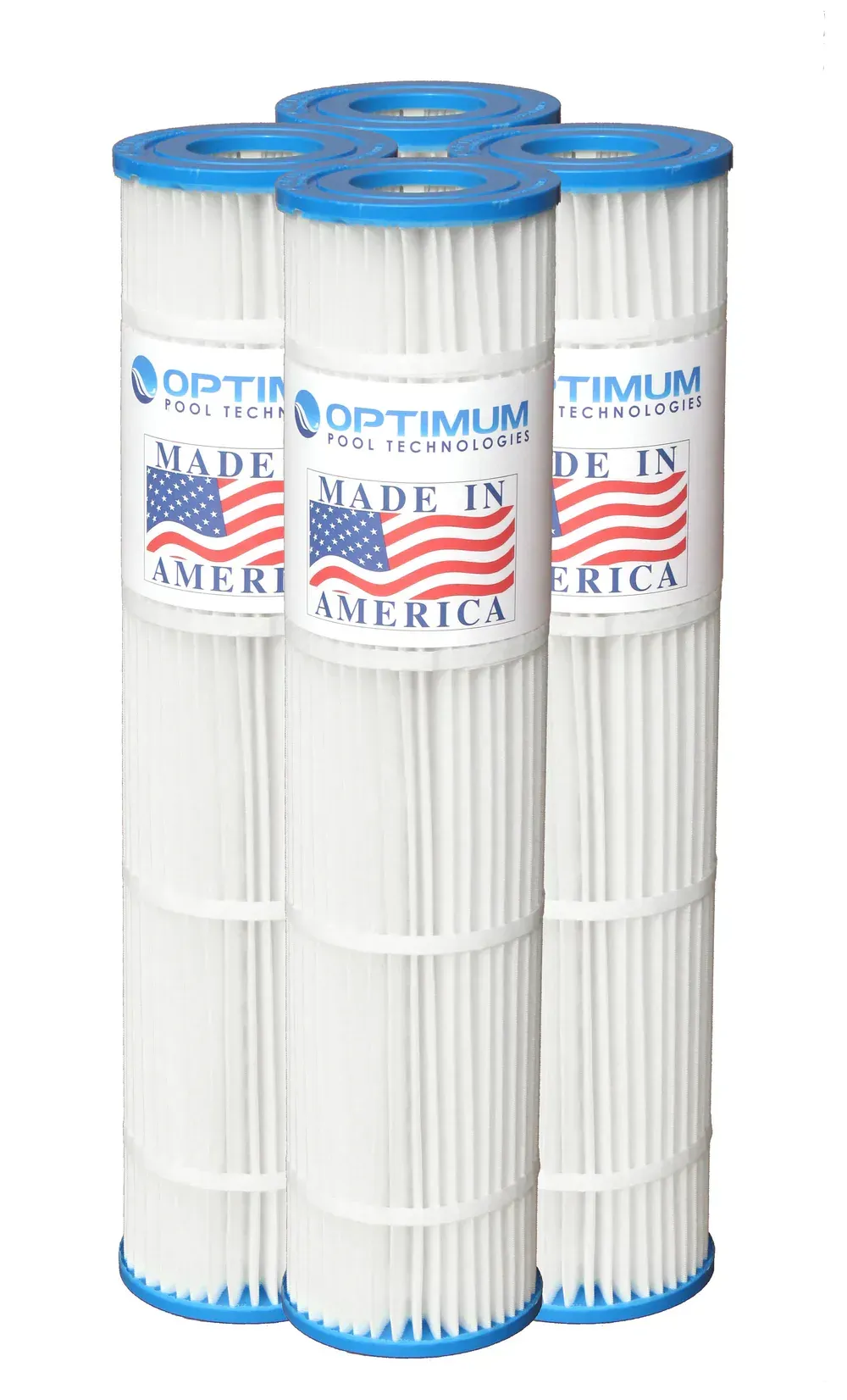 Three filter cartridges made in the usa are stacked on top of each other.