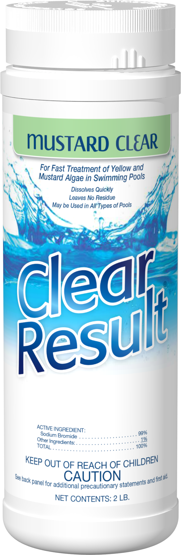 A bottle of clear result mustard clear swimming pool cleaner.