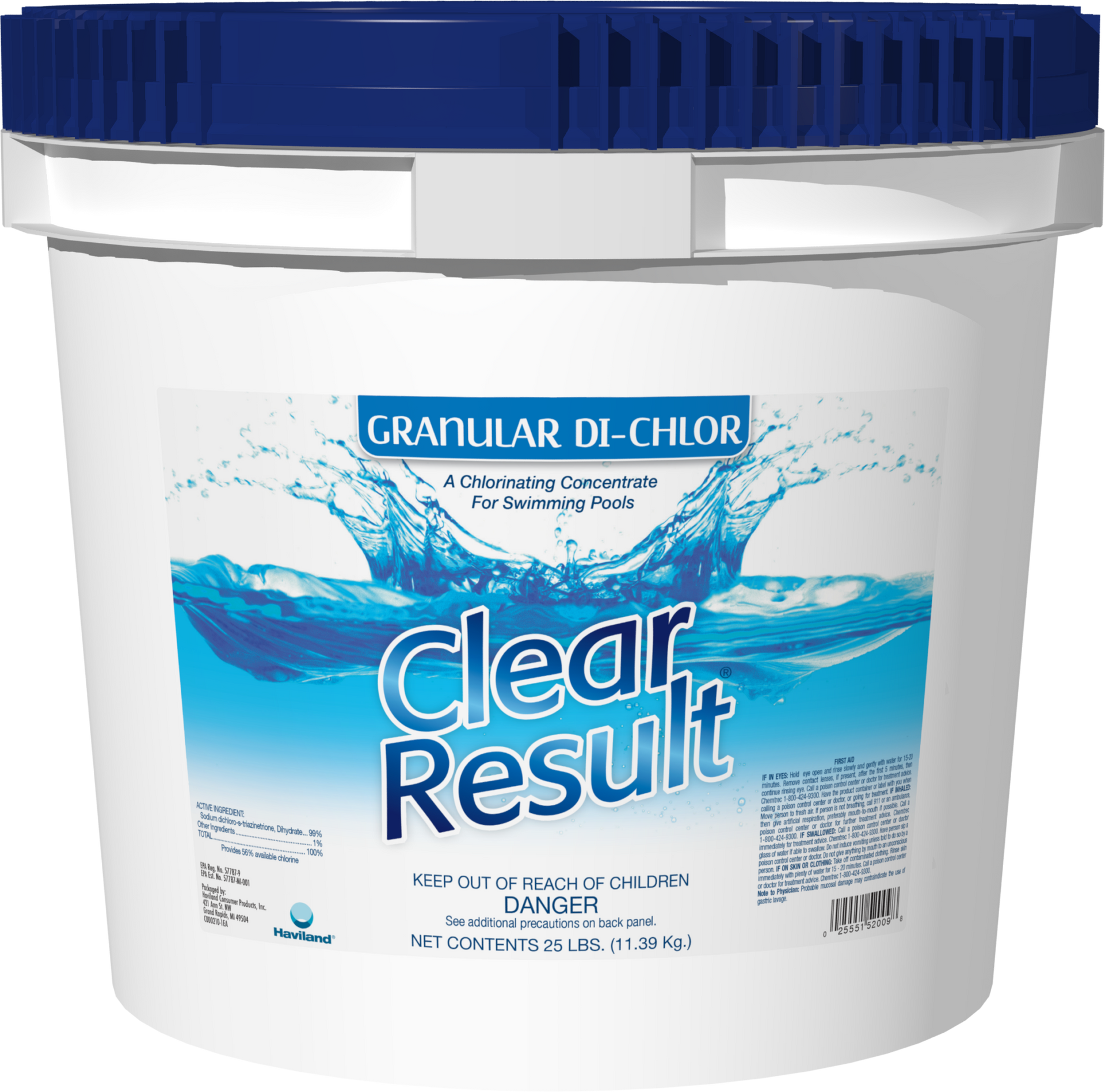 A bucket of clear result granular di-chlor
