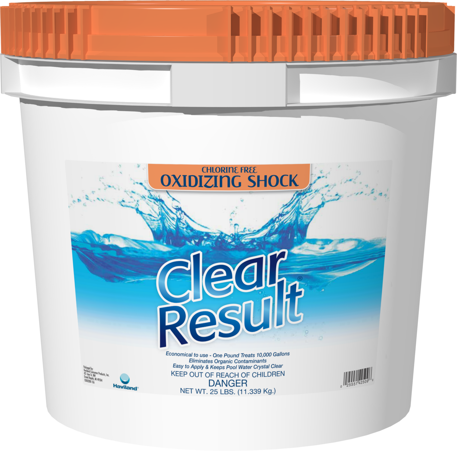 A bucket of clear result oxidizing shock with an orange lid