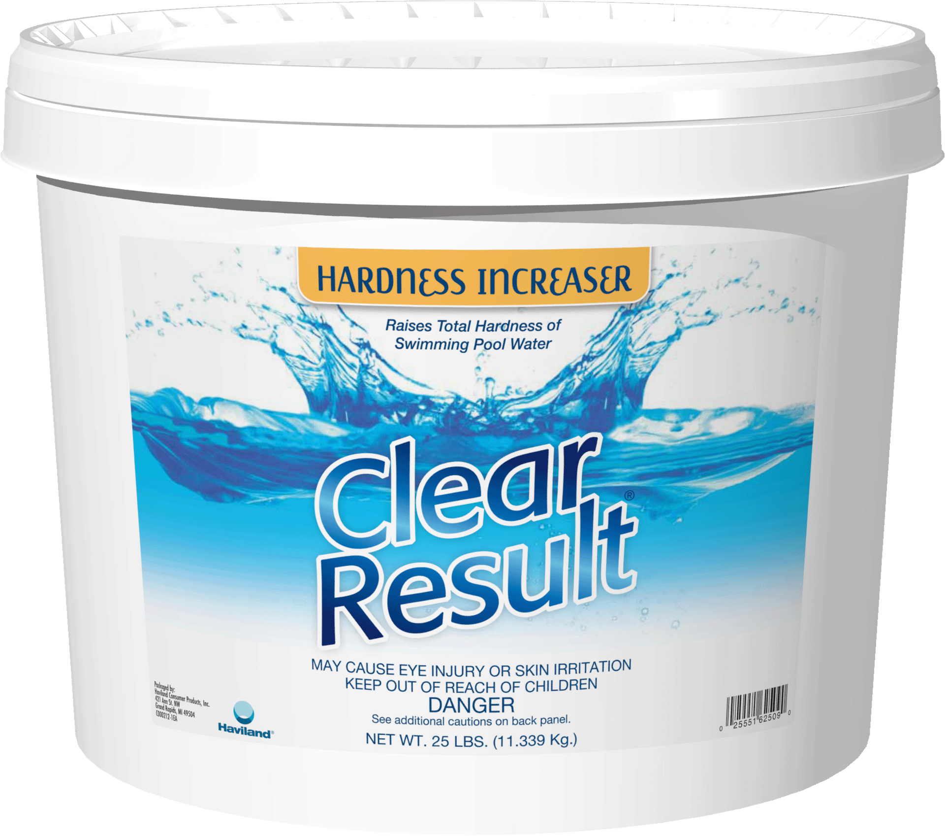 A bucket of clear result hardness increaser on a white background