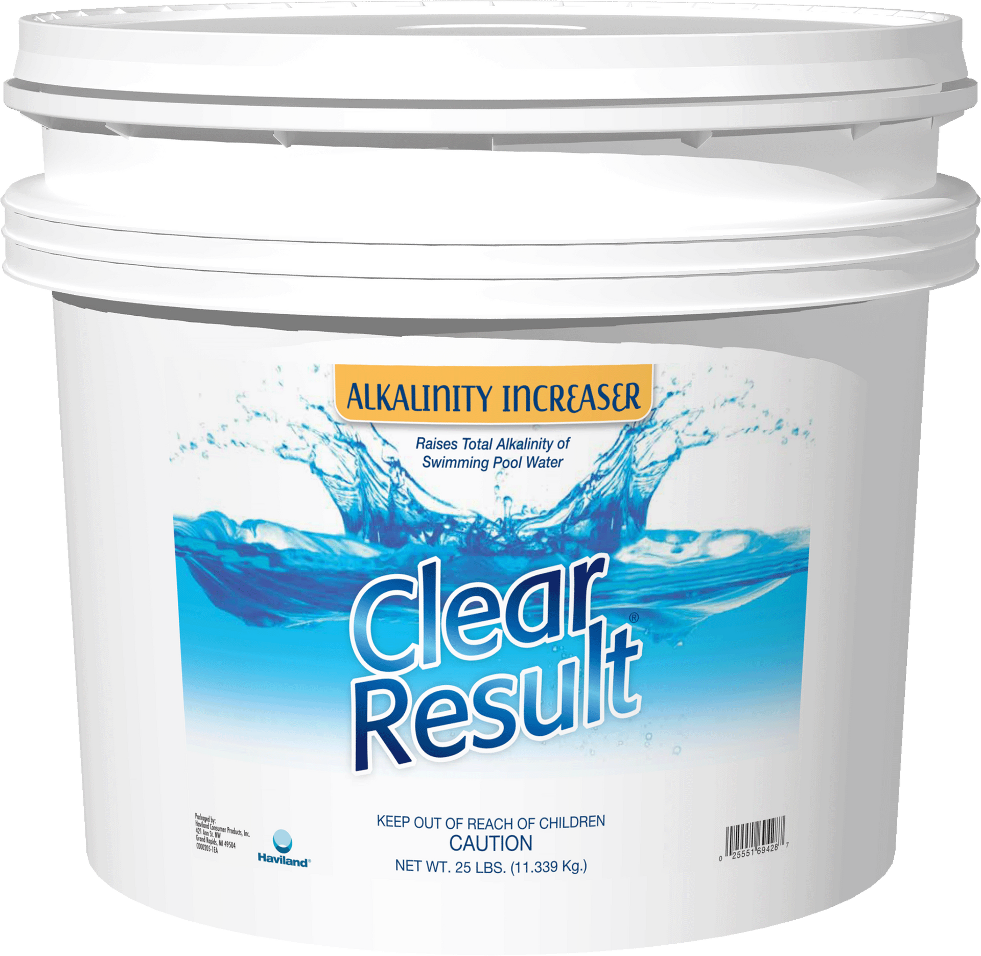 A bucket of clear result alkalinity increaser on a white background