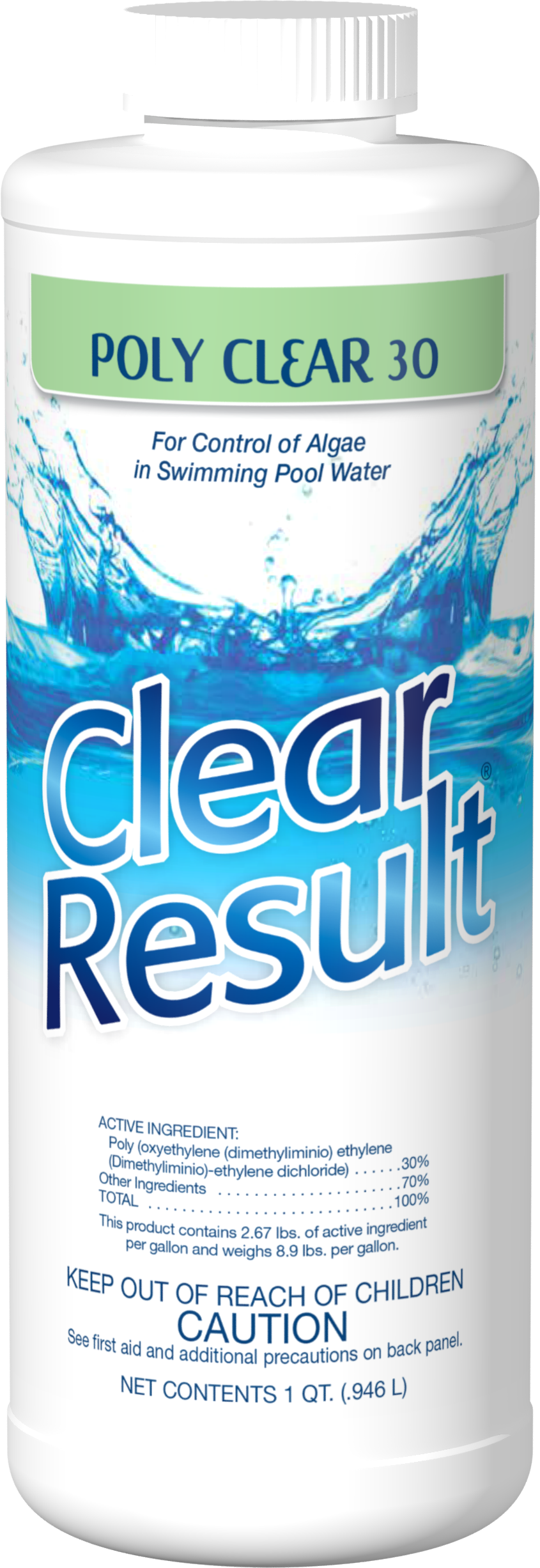 A bottle of poly clear 30 clear result is shown on a white background.