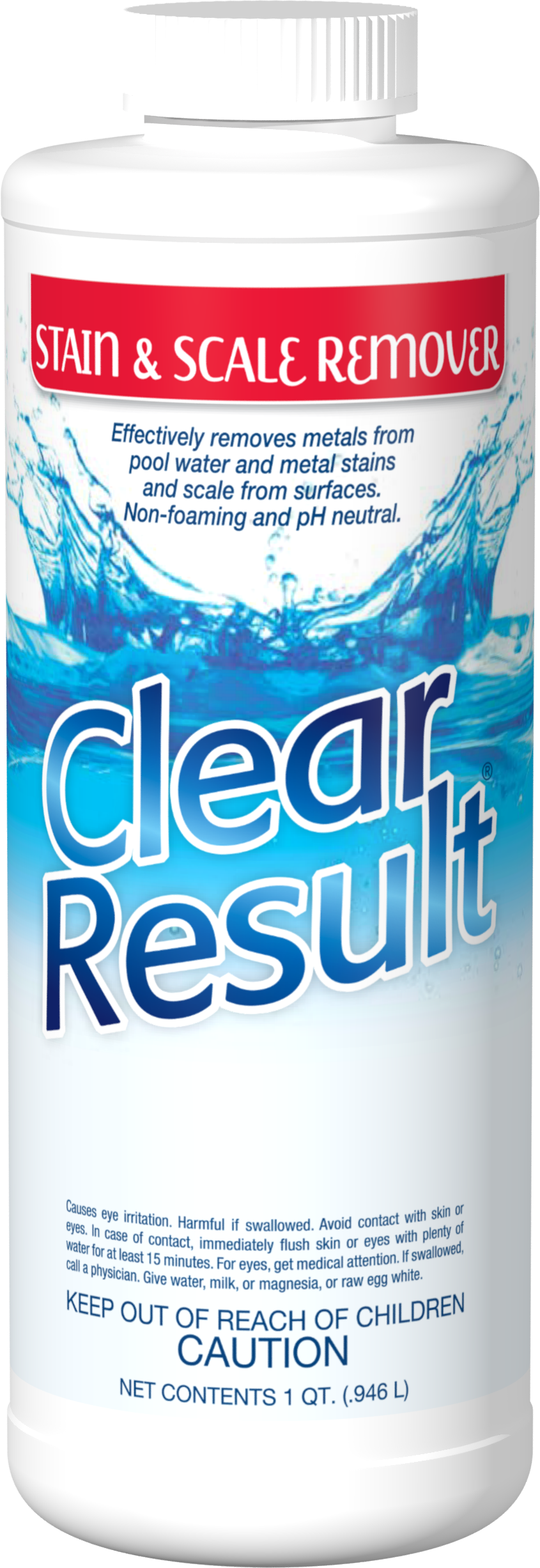 A bottle of clear result swimming pool cleaner on a white background.