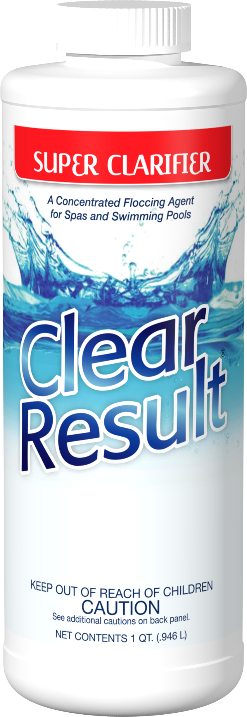 A bottle of clear result super clarifier on a white background.