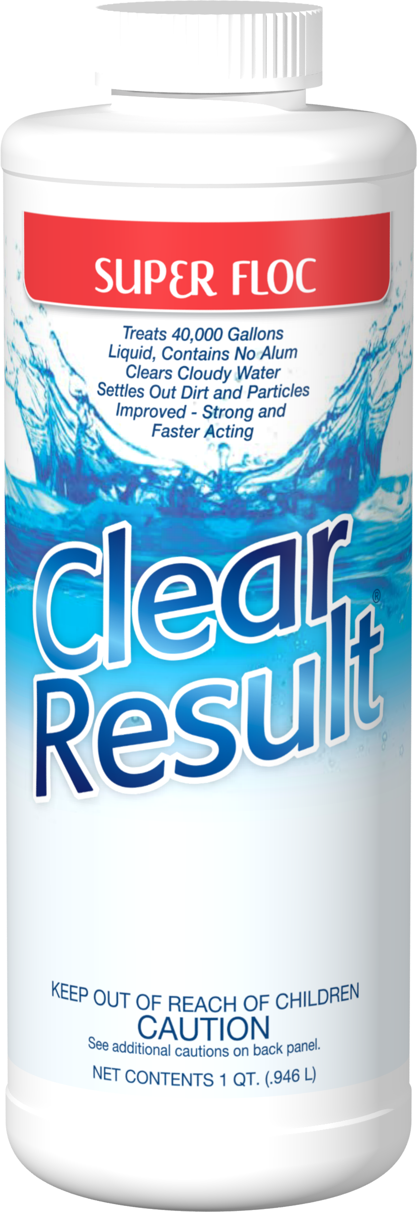 A bottle of clear result swimming pool cleaner on a white background.