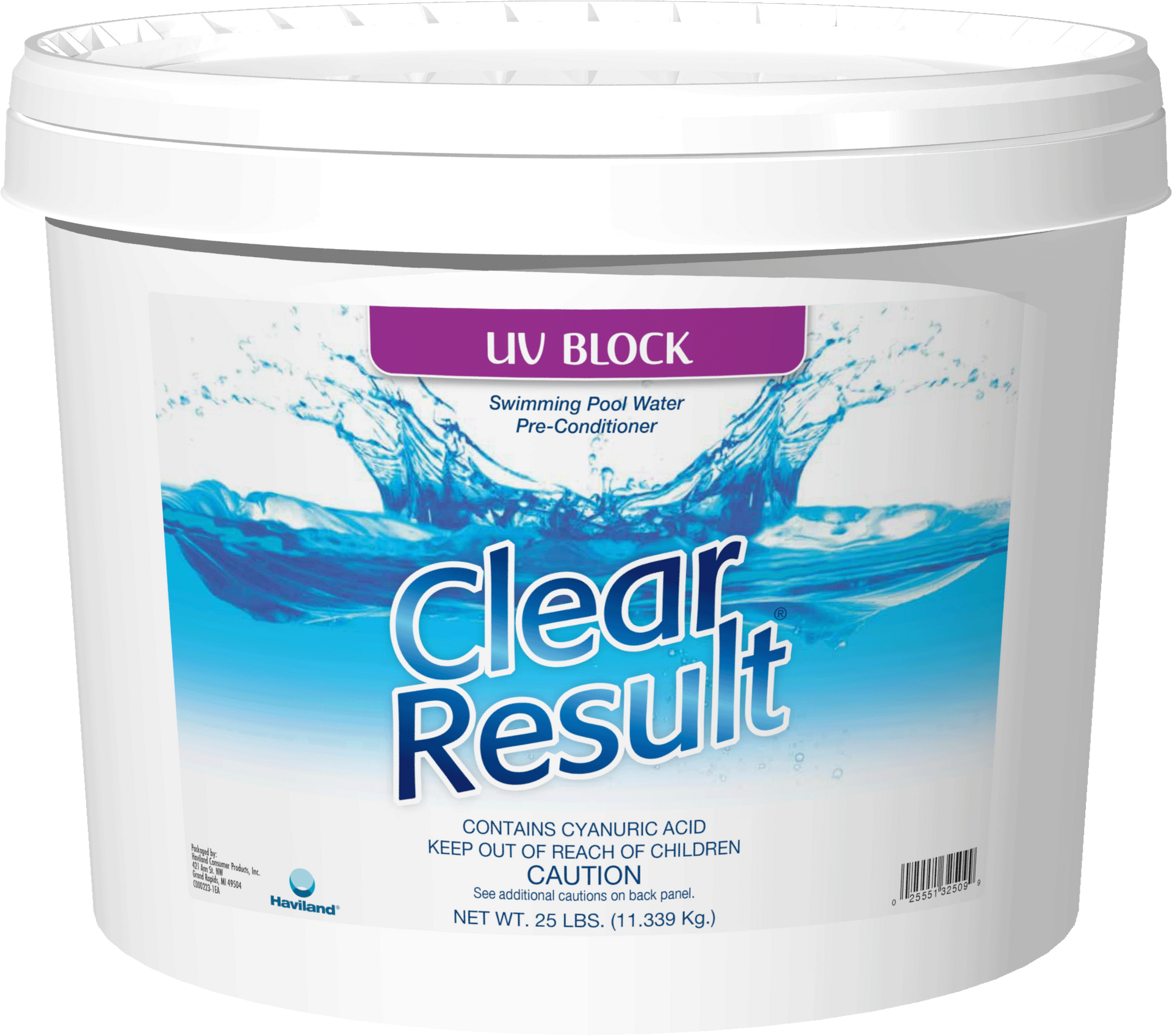 A bucket of clear result swimming pool cleaner on a white background.