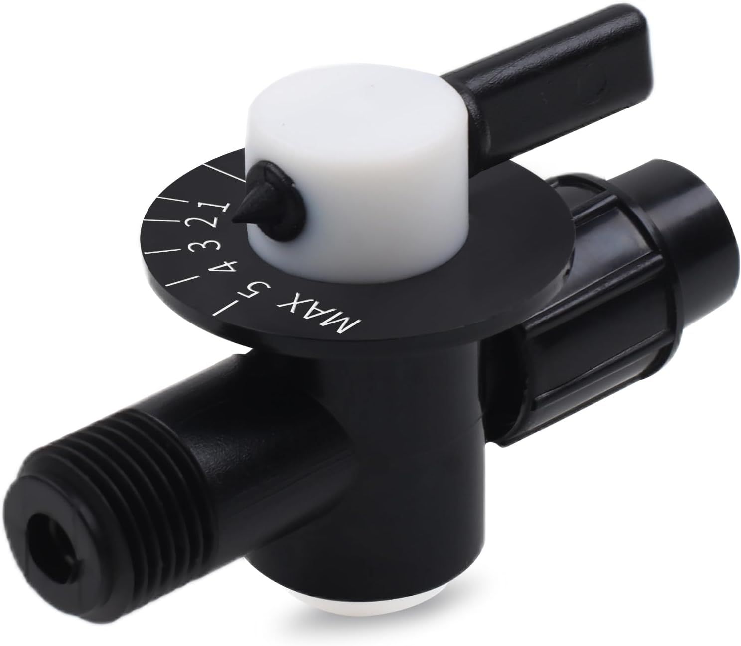 A black valve with a white knob that says max on it