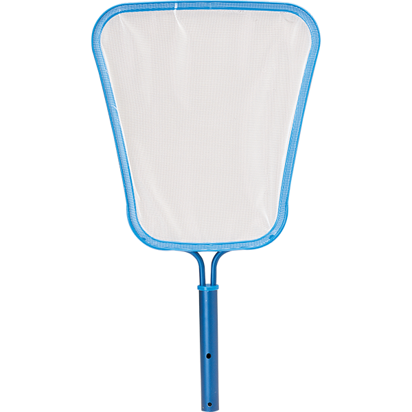 A blue and white pool net with a blue handle